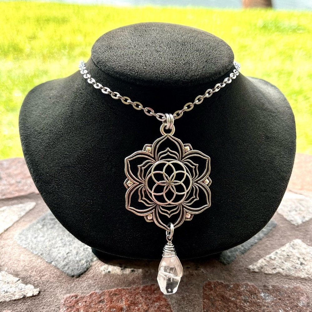 Herkimer diamond mandala lotus flower charm stainless steel chain boho crystals - Picture 10 of 11